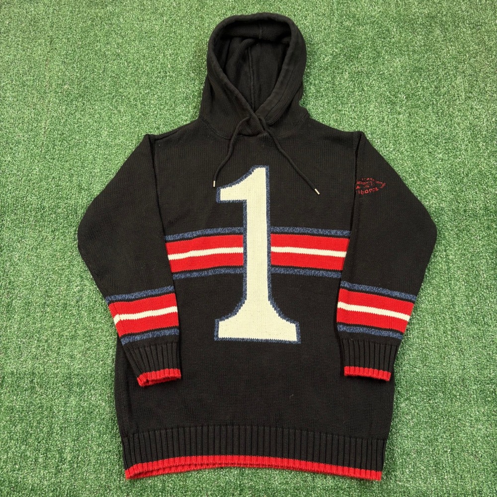 Vintage Lizwear Liz Claiborne Knit Hoodie Sweater Black Racing Stripe Number 1 S